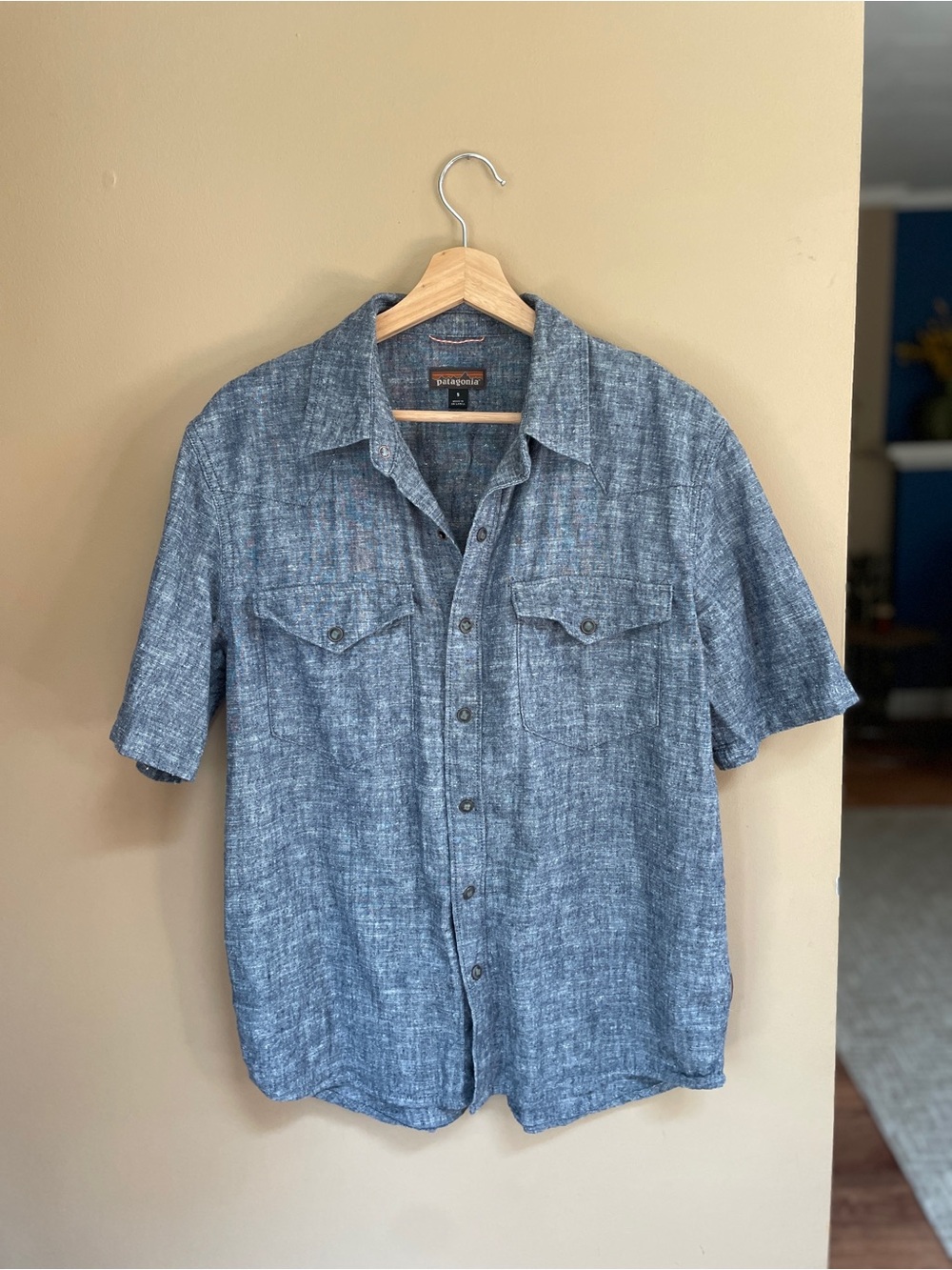 Patagonia Mens Organic Cotton Hemp Snap Up Collared Top Small Gray Blue